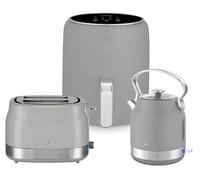 Swan Retro Revive Grey Kitchen Set - 1.7L Stovetop Inspired Design Traditional Kettle, 2 Slice Toaster and Retro 4.5L Digital Air Fryer - Matching Glossy Grey Finish with Chrome Accents