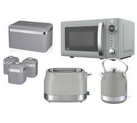 Swan Retro Revive Grey Kitchen Set - Traditonal Stovetop Electric Kettle, 2 Slice Toaster, Digital Microwave, Retro Breadbin & Canisters. Matching Set of 7 - Grey Glossy Finish/Chrome Accents