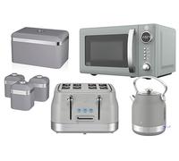 Swan Retro Revive Grey Kitchen Set - Traditonal Stovetop Electric Kettle, 4 Slice Toaster, Digital Microwave, Retro Breadbin & Canisters. Matching Set of 7 - Grey Glossy Finish/Chrome Accents