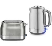 Swan Retro Revive Stainless Steel 1.7L 3KW Jug Kettle & 2 Slice Toaster. Matching Retro Design Kettle & Toaster Set in Silver with Chrome Accents