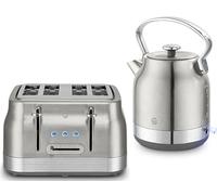 Swan Retro Revive Stainless Steel Traditional 1.7L 3KW Kettle & 4 Slice Toaster. Stovetop Inspired Design Kettle & Toaster Matching Retro Design Kitchen Electrical Set in Silver