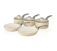 Swan Cream Retro Non-Stick 5pce Pan Set, 3 Saucepans 16/18/20cm & 2 Frying Pans 20/28cm with Tempered Glass Lids & Compatible with Induction Hobs