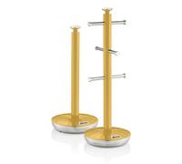 Swan Retro Towel Pole and Mug Tree Set 6 Mug Capacity Non-Slip Bases Kitchen Storage Easy Clean - Yellow