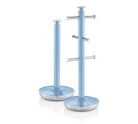 Swan Retro Towel Pole and Mug Tree Set 6 Mug Capacity Non-Slip Bases Kitchen Storage Easy Clean - Blue