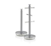 Swan Retro Towel Pole and Mug Tree Set 6 Mug Capacity Non-Slip Bases Kitchen Storage Easy Clean - Grey