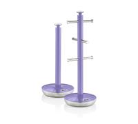 Swan Retro Towel Pole and Mug Tree Set 6 Mug Capacity Non-Slip Bases Kitchen Storage Easy Clean - Purple