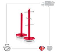 Swan SWKA1054RN Retro Kitchen Towel Pole and 6 Branch Mug Tree, Red