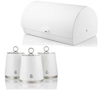 Swan Serenity 14L Ventilated Bread Bin With 3 X 1.3L Tea, Coffee & Sugar Canisters - White With Polished Stainless Steel Accents