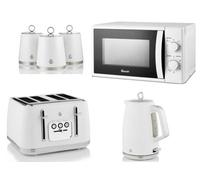 Swan Serenity 6-Piece Kitchen Set - 1.7L 3Kw Kettle, 4-Slice Toaster, 20L 700W Microwave And Canisters, White