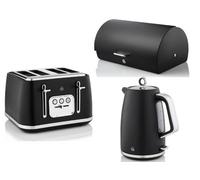 Swan Serenity Black 1.7L 3Kw Kettle, 4-Slice Toaster & 14L Bread Bin - Matching Matt Black With Chrome Trim