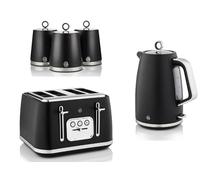 Swan Serenity Black 1.7L 3KW Kettle, 4 Slice Toaster and Tea, Coffee, Sugar Canisters. Contemporary Design Matching Swan Kitchen Set of 5 with a Sleek Matte Black Finish and Chrome/Steel Accents