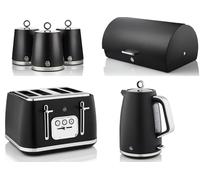 Swan Serenity Black 1.7L 3KW Kettle, 4 Slice Toaster, Bread Bin and Canisters. Contemporary Design Matching Swan Kitchen Set of 6 with a Sleek Matte Black Finish and Chrome/Steel Accents