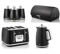 Swan Serenity Black 1.7L 3Kw Kettle, 4-Slice Toaster, Bread Bin & Canisters - Matching Kitchen Set Of 6
