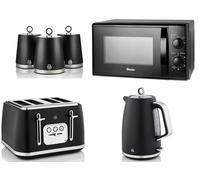 Swan Serenity Black 1.7L 3KW Kettle, 4 Slice Toaster, Tea, Coffee, Sugar Canisters and 20L 700W Microwave SM4420BLK. Contemporary Design Matching Kitchen Set of 6 with a Sleek Black Finish