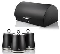 Swan Serenity Black 14L Roll-Top Bread Bin And 3 X 1.3L Tea Coffee Sugar Canisters Kitchen Storage Set