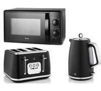 Swan Serenity Black 3-Piece Kitchen Set - 1.7L 3Kw Kettle, 4-Slice Toaster, 700W 20L Microwave