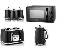 Swan Serenity Black 6-Piece Kitchen Set - 1.7L 3Kw Kettle, 4-Slice Toaster, 20L 700W Microwave Sm4420Blk, Canisters
