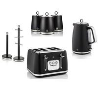 Swan Serenity Black 7-Piece Kitchen Set - 1.7L 3Kw Kettle, 4-Slice Toaster, 3 Canisters, Mug Tree & Towel Pole