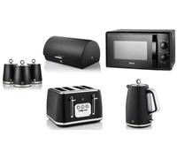 Swan Serenity Black 7-Piece Kitchen Set, 1.7L Kettle, 4-Slice Toaster, 20L Microwave