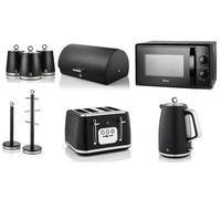 Swan Serenity Black 9-Piece Set - 1.7L 3Kw Kettle, 4-Slice Toaster, 20L 700W Microwave, Accessories