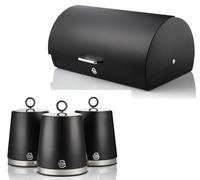 Swan Serenity Black Bread Bin and Tea, Coffee, Sugar Canisters Set. Beautiful Design Kitchen Storage with a Sleek Black Finish and Polished Stainless Steel Accents