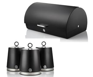 Swan Serenity Black Bread Bin and Tea, Coffee, Sugar Canisters Set. Beautiful Design Kitchen Storage with a Sl lack Finish and Polished Stainless Steel Accents