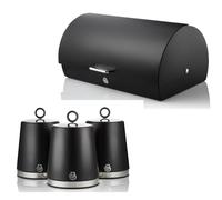 Swan Serenity Black Bread Bin and Tea, Coffee, Sugar Canisters Set. Beautiful Design Kitchen Storage with a Sleek Black Finish and Polished Stainless Steel Accents