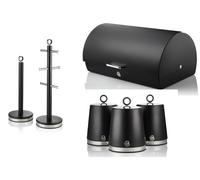 Swan Serenity Black Bread Bin Canisters Mug Tree Towel Pole Kitchen Storage Set