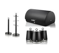 Swan Serenity Bread Bin, Tea, Coffee, Sugar Canisters, Mug Tree & Towel Pole in Black with Polished Stainless Steel Accents. Beautiful Design Kitchen Storage Set of 6 with a Sleek Black Finish