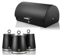 Swan Serenity Black Bread Bin & Tea Coffee Sugar Canisters Kitchen Storage Set