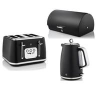 Swan Serenity Black Kettle 4 Slice Toaster & Bread Bin Matching Kitchen Set