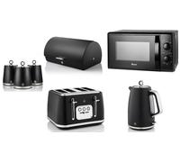 Swan Serenity Black Kettle Toaster 700W 20L Microwave Bread Bin & Canisters Set