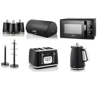 Swan Serenity Black Kettle Toaster 700W 20L Microwave & Kitchen Storage Set