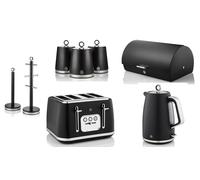 Swan Serenity Black Kettle Toaster Bread Bin Canisters Mug Tree Towel Pole Set
