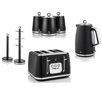 Swan Serenity Black Kettle Toaster Canisters Mug Tree & Towel Pole Kitchen Set