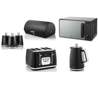 Swan Serenity Black Kettle Toaster Digital Microwave Bread Bin & Canisters Set