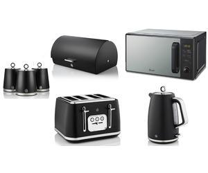 Swan Serenity Black Kettle Toaster Digital Microwave Bread Bin & Canisters Set