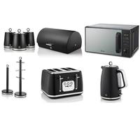 Swan Serenity Black Kettle Toaster Digital Microwave & Kitchen Storage Set