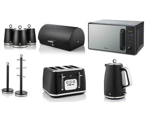 Swan Serenity Black Kettle Toaster Digital Microwave & Kitchen Storage Set