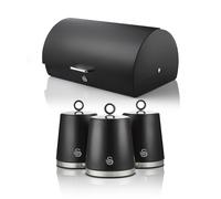 SWAN Serenity Bread Bin with Ventilation, Smooth Matt Finish and Roll Top Lid, 14 Litre and Set of 3 Kitchen Storage Canisters for Tea, Coffee, and Sugar, 1.3L, Black