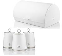 Swan Serenity Bread Bin and Tea, Coffee, Sugar Canisters in White with Polished Stainless Steel Accents. Beautiful Design Matching Kitchen Storage Set with a Sleek White Finish