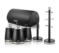 Swan Serenity Bread Bin, Set Of 3 Canisters, Towel Pole & Mug Tree In Black Black