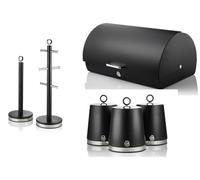 Swan Serenity Bread Bin, Tea, Coffee, Sugar Canisters, Mug Tree & Towel Pole in Black with Polished Stainless Steel Accents. Beautiful Design Kitchen Storage Set of 6 with a Sleek Black Finish