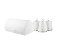 Swan Serenity Bread Bin with Ventilation, Smooth Matt Finish and Roll Top Lid, 14 Litre and Set of 3 Kitchen Storage Canisters for Tea, Coffee, and Sugar, 1.3L, White