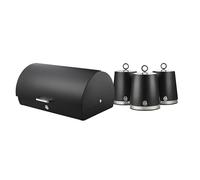 Swan Serenity Bread Bin with Ventilation, Smooth Matt Finish and Roll Top Lid, 14 Litre and Set of 3 Kitchen Storage Canisters for Tea, Coffee, and Sugar, 1.3L, Black