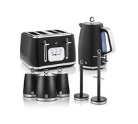 Swan Serenity Complete Essentials Bundle, 1.7L Rapid Boil Kettle (SK14017BLK), 4 slice Toaster (ST19024BLK), 3 Canisters (SWKA18536BLK), Towel Pole and Mug Tree (SWKA18537BLK), Black, EEJB479