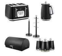 Swan Serenity Jug Kettle, 4 Slice Toaster, Bread Bin,Tea Coffee Sugar Canisters, Towel Pole & Mug Tree Matching Matte Kitchen Set (Black)