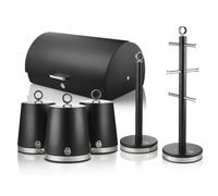 Swan Serenity Kitchen Storage Bundle with 14L Bread bin and Set of 3 Kitchen Storage Canisters, Towel Pole and Mug Tree, Black, EEJB446