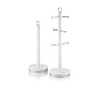 Swan Serenity Kitchen Towel Pole and 6 Cup Mug Tree Set with Smooth Matte Finish, Stainless Steel Accents and Non-Slip Bases, White