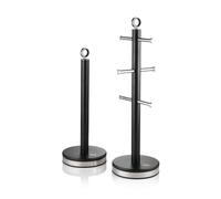 Swan Serenity Kitchen Towel Pole and 6 Cup Mug Tree Set with Smooth Matte Finish, Stainless Steel Accents and Non-Slip Bases, Black